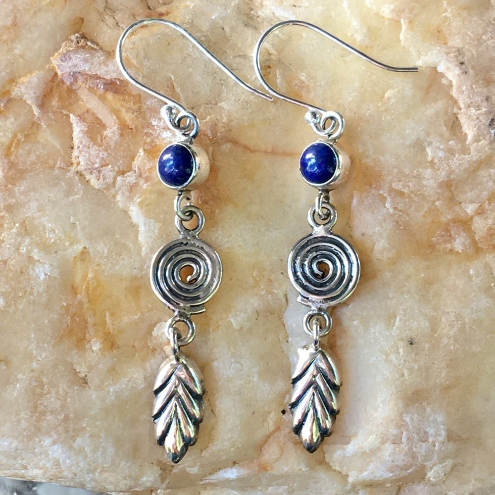LAPIS LAZULI 925 sterling spiral and leaf earrings